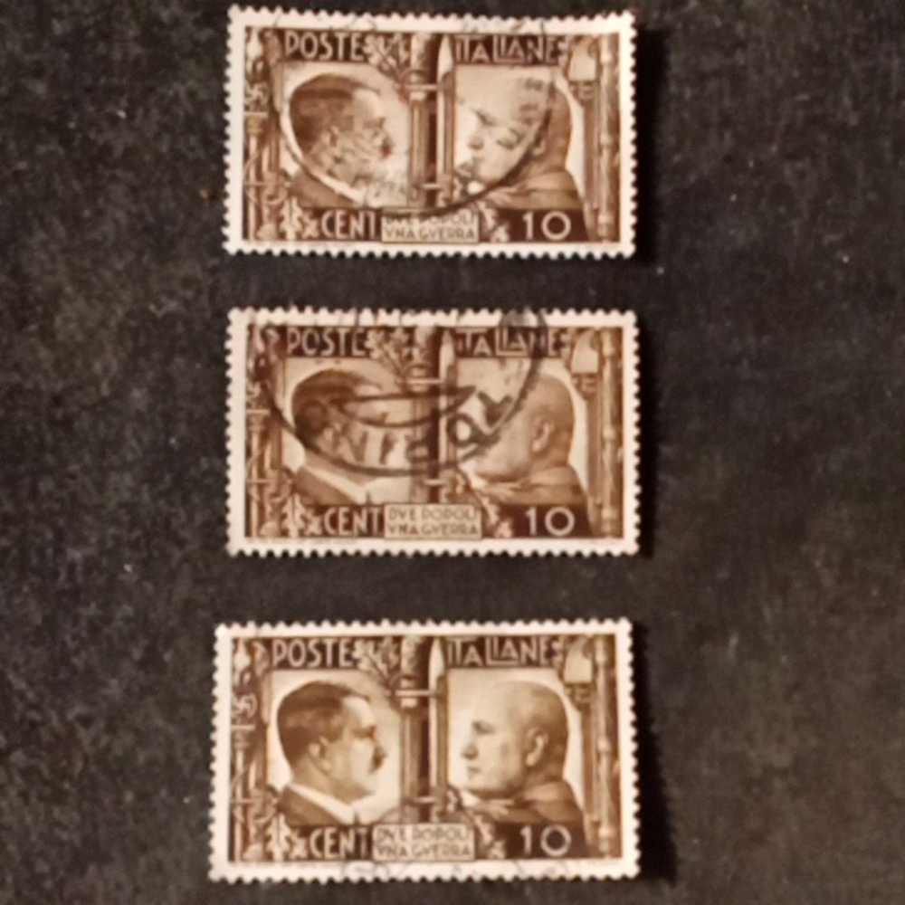 WW2 Italian 10 Cent stamps (3) of Mussolini and Hitler, bare-headed